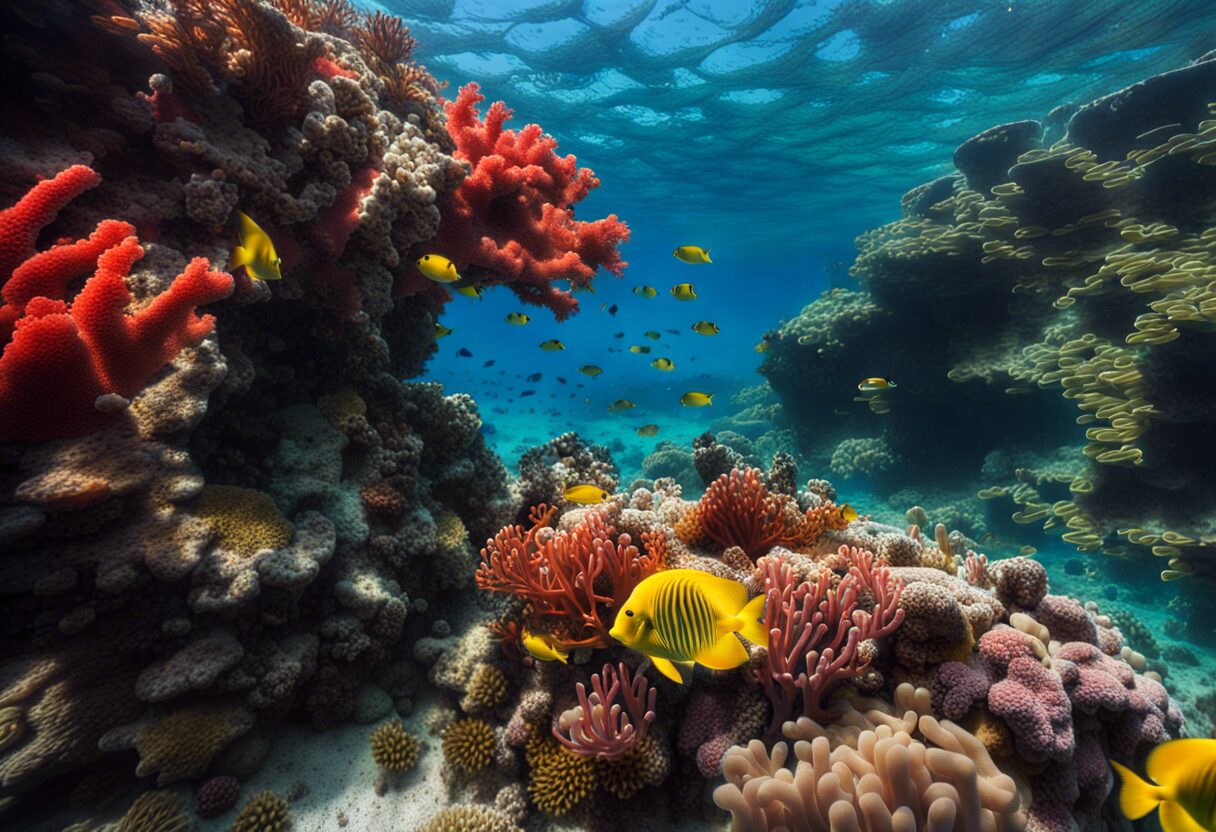 Plongeur explore récif corallien Coucher de soleil sur mer Adriatique