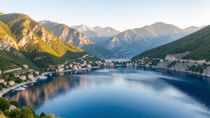 Panorama lumineux des Balkans avec des montagnes verdoyantes, un village côtier adriatique et un lac calme aux reflets bleus.