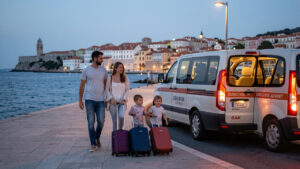 Une famille avec deux enfants avance avec ses bagages vers une navette éclairée à l’aéroport de Dubrovnik au crépuscule.