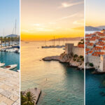 Où séjourner en Croatie une semaine : Split, Zadar ou Dubrovnik ? Panorama de trois paysages côtiers croates évoquant Split, Zadar et Dubrovnik, avec ports ensoleillés, mer turquoise, toits en terre cuite et remparts historiques.