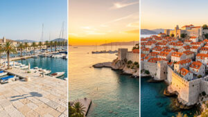 Panorama de trois paysages côtiers croates évoquant Split, Zadar et Dubrovnik, avec ports ensoleillés, mer turquoise, toits en terre cuite et remparts historiques.