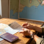 Comment préparer un voyage en Croatie avec visa Schengen, EES et ETIAS ? Une voyageuse consulte un passeport fermé et des documents de voyage vierges sur une table, avec une carte non légendée de la côte croate et de la mer Adriatique en arrière-plan, éclairée par une lumière naturelle.