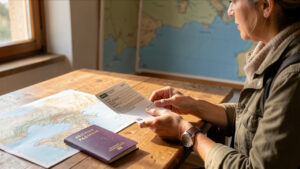 Une voyageuse consulte un passeport fermé et des documents de voyage vierges sur une table, avec une carte non légendée de la côte croate et de la mer Adriatique en arrière-plan, éclairée par une lumière naturelle.